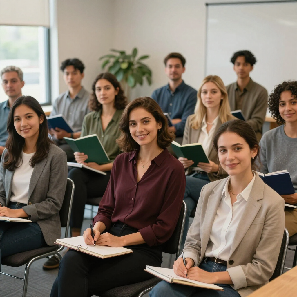 A diverse group of students in a classroom setting, sitting at desks, holding notebooks and smiling at the camera.
