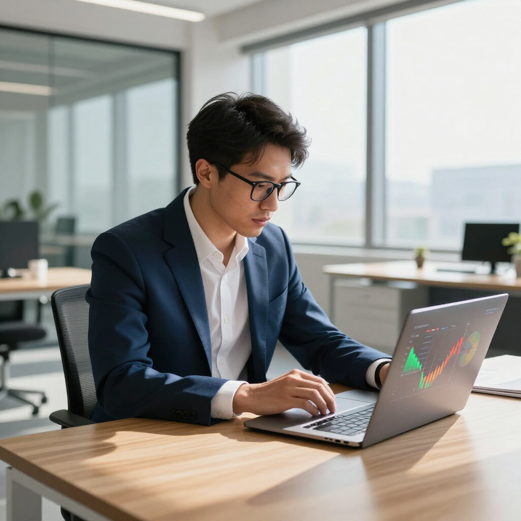 A professional in a navy suit works at a laptop displaying colorful data charts in a modern, sunlit office.