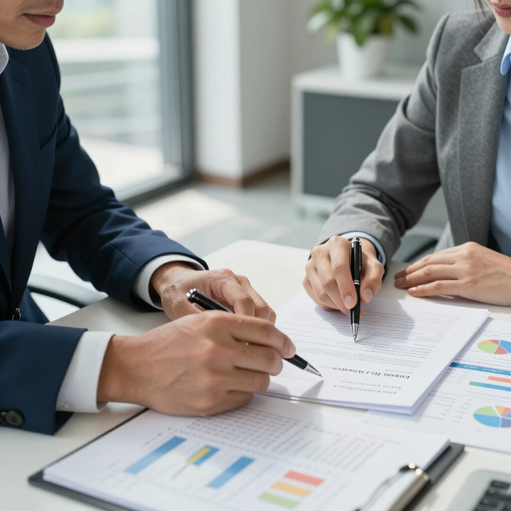 Two people in business attire review financial charts and documents together in an office.
