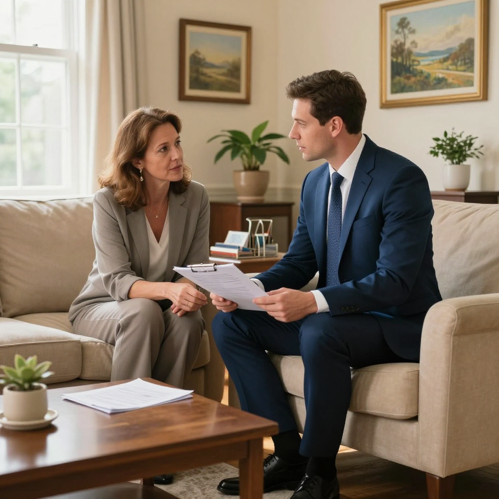 A professional in a suit and a person in business attire sit on a sofa, discussing documents in a bright, modern office.