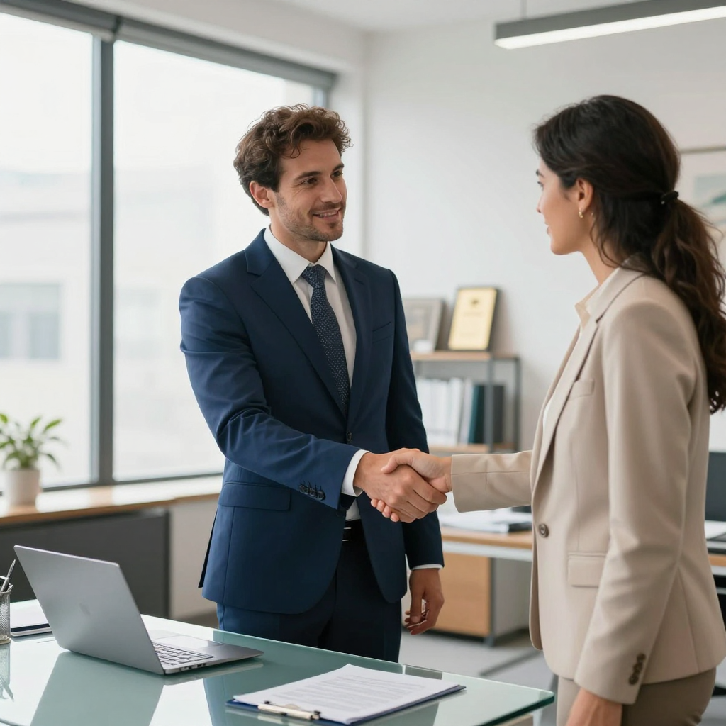 A man and a woman in business professional attire shake hands in a bright, modern office with a laptop on the desk.