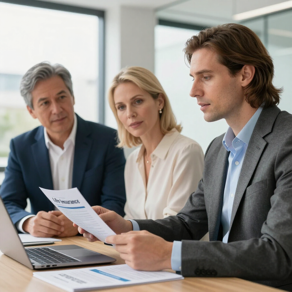 Three business professionals in a bright office review documents together at a wooden table.