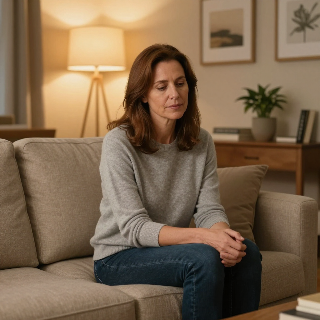 A person sits on a neutral sofa in a dimly lit living room, looking downward with a contemplative expression.
