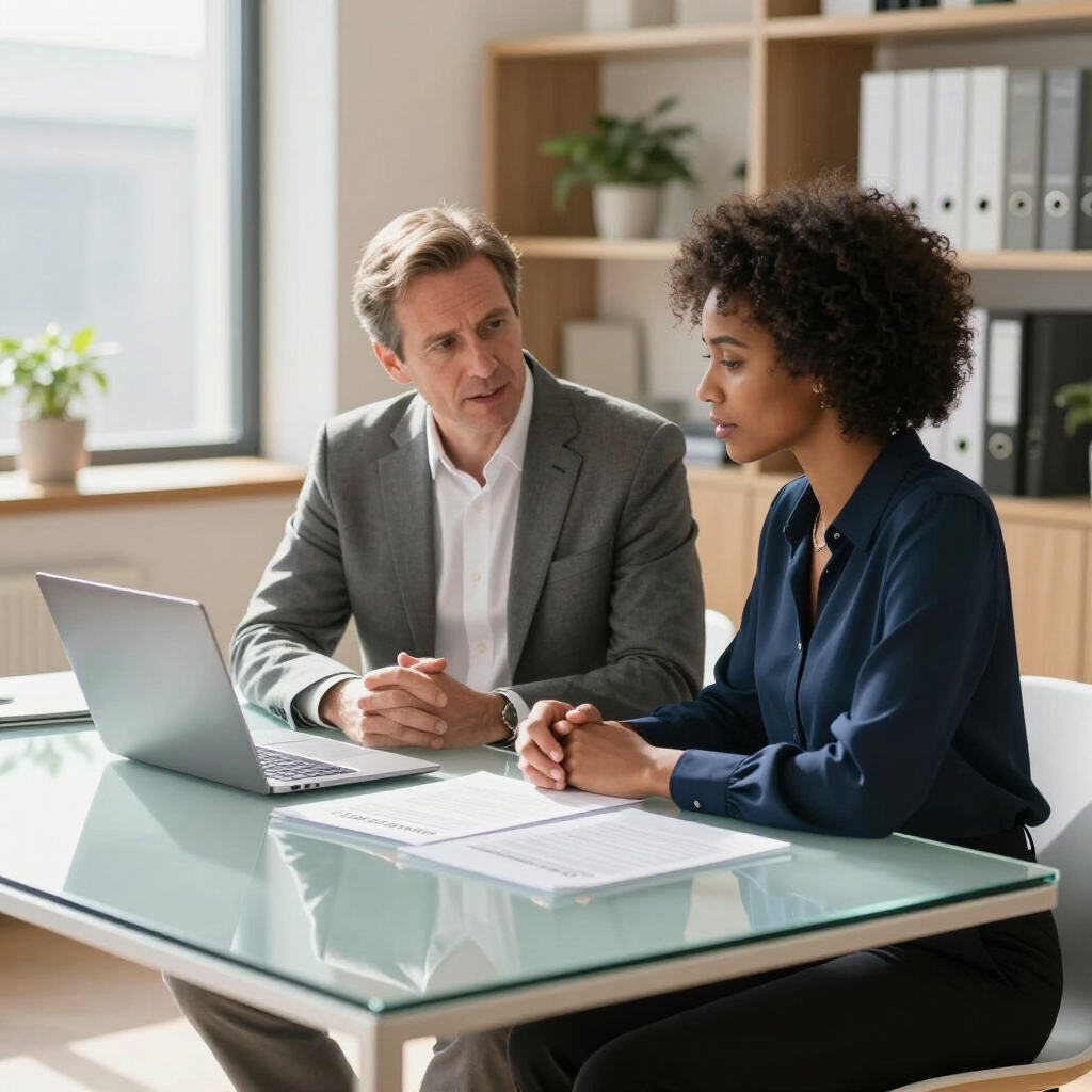 Two colleagues in a professional office setting sit at a table reviewing documents and a laptop together.