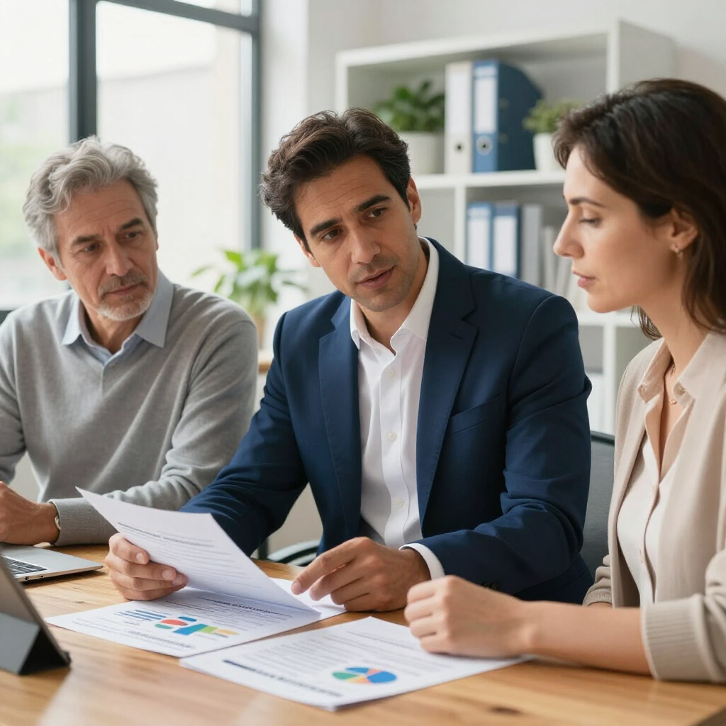 Three professionals sit at a desk in a bright office, reviewing documents with colorful charts and graphs.