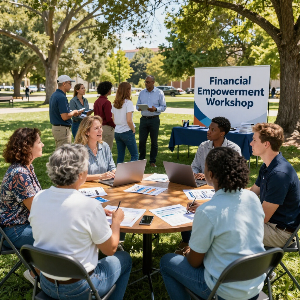 A group of people sit at a round table outdoors for a Financial Empowerment Workshop, engaging with laptops and papers.
