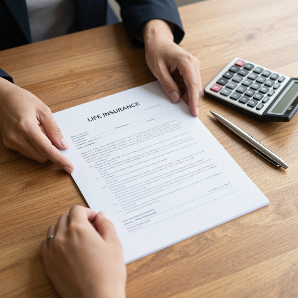 Two people at a wooden desk reviewing a Life Insurance document with a calculator and pen nearby.