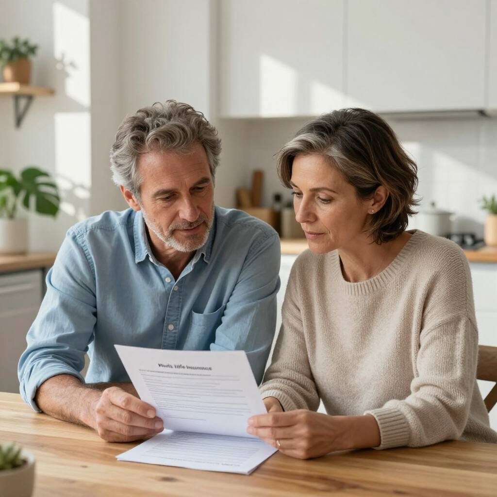 Two people sitting at a kitchen table, looking thoughtfully at a document together.