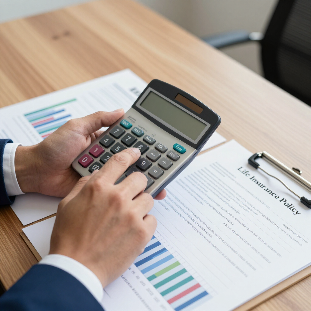 A person in a business suit using a calculator over documents, including a Life Insurance Policy and a bar chart.