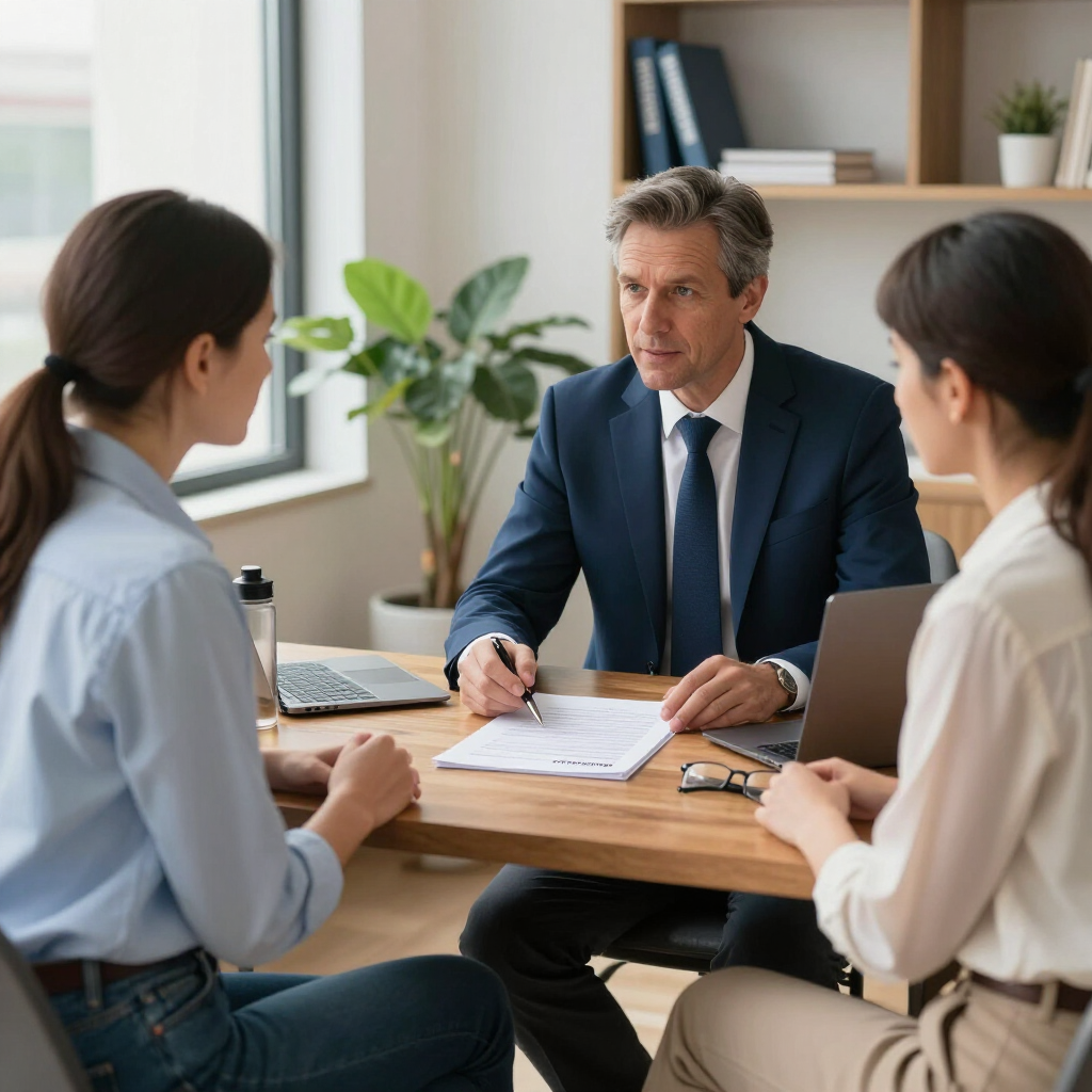 A professional in a suit sits at a desk with two individuals, reviewing documents during a meeting in a bright office.