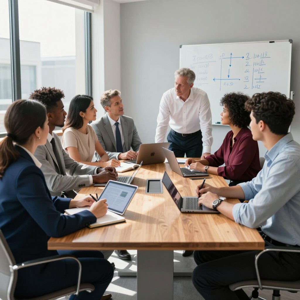 A team sits around a wooden conference table in a modern office, listening to a colleague standing by a whiteboard.