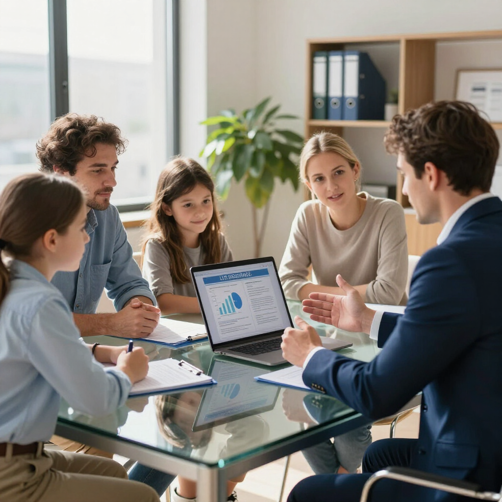 A professional in a suit speaks to a family around a glass table with a laptop displaying financial charts in an office.