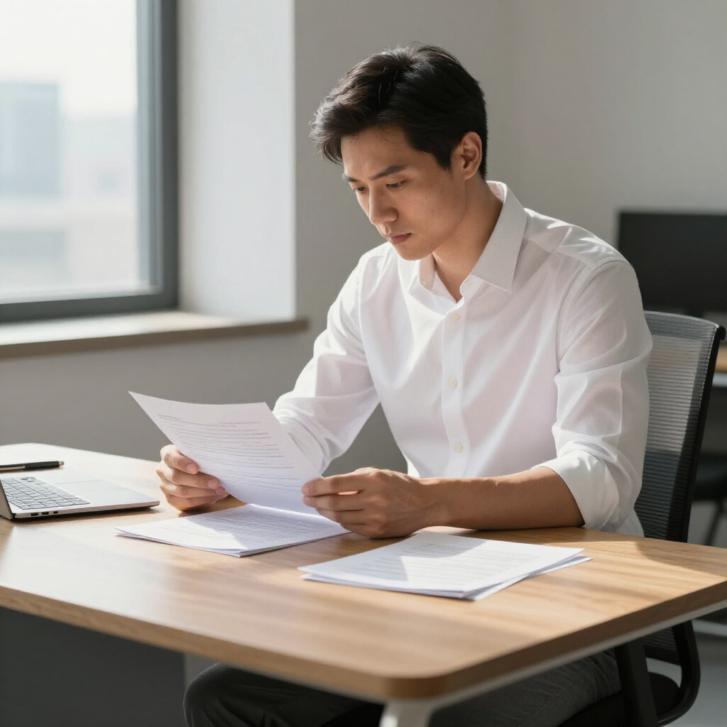 A person in a white button-down shirt sits at a desk in an office, reviewing documents while working on a laptop.