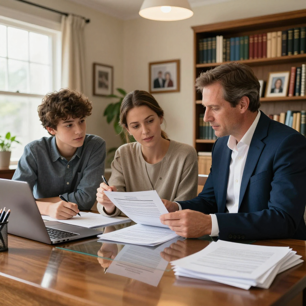An advisor sits at a desk with two people, reviewing documents and a laptop in a home office with a bookshelf.