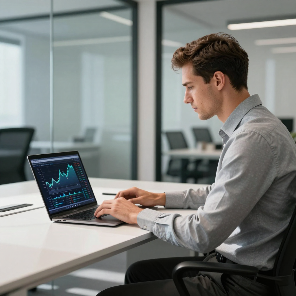 A person in a professional office setting focuses on a laptop screen displaying a line graph of financial data.