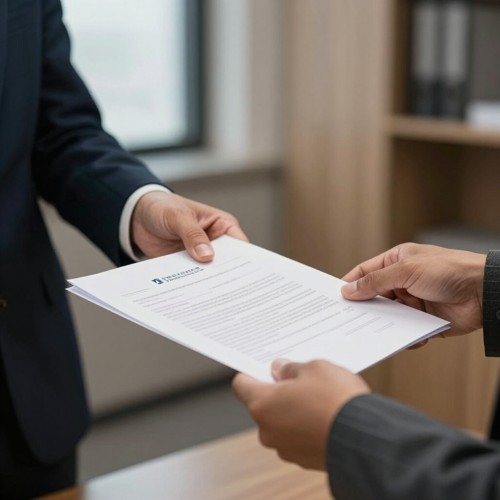 Two people in business attire exchange a document across a wooden desk in an office setting.