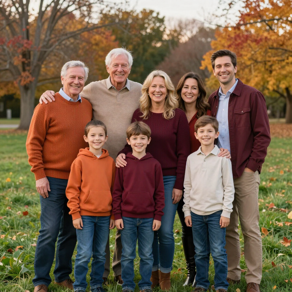 A group of nine people smiling together in an autumn park with fall foliage in the background.