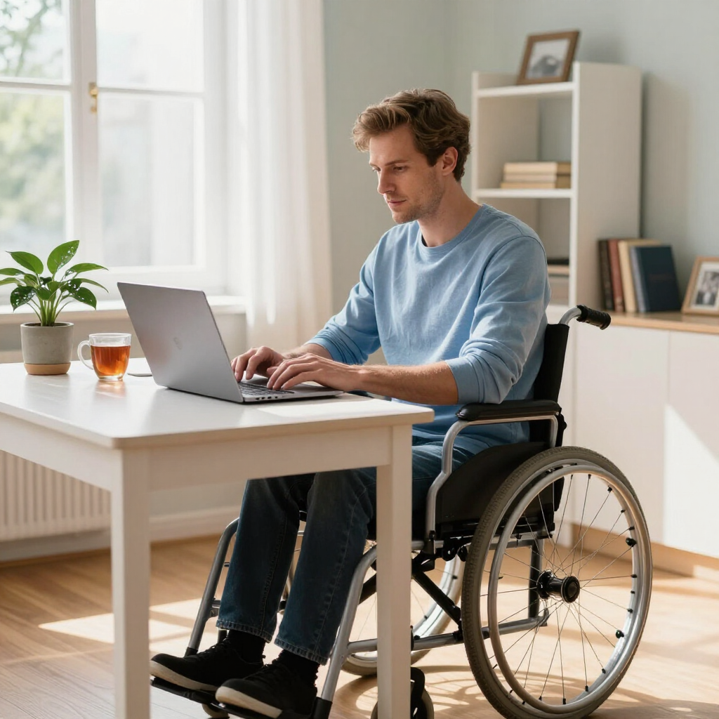 A person in a wheelchair sits at a white table, focused on typing on a laptop in a bright, modern room.