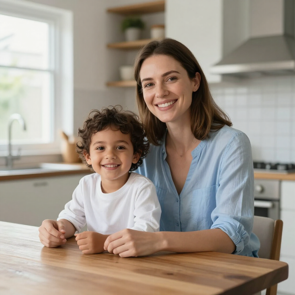 A person and a child smile while sitting together at a wooden table in a bright, modern kitchen.