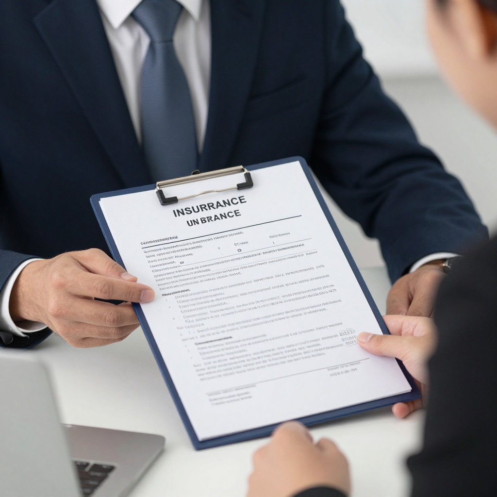 A professional in a suit presents an insurance document on a clipboard to another person at a desk.
