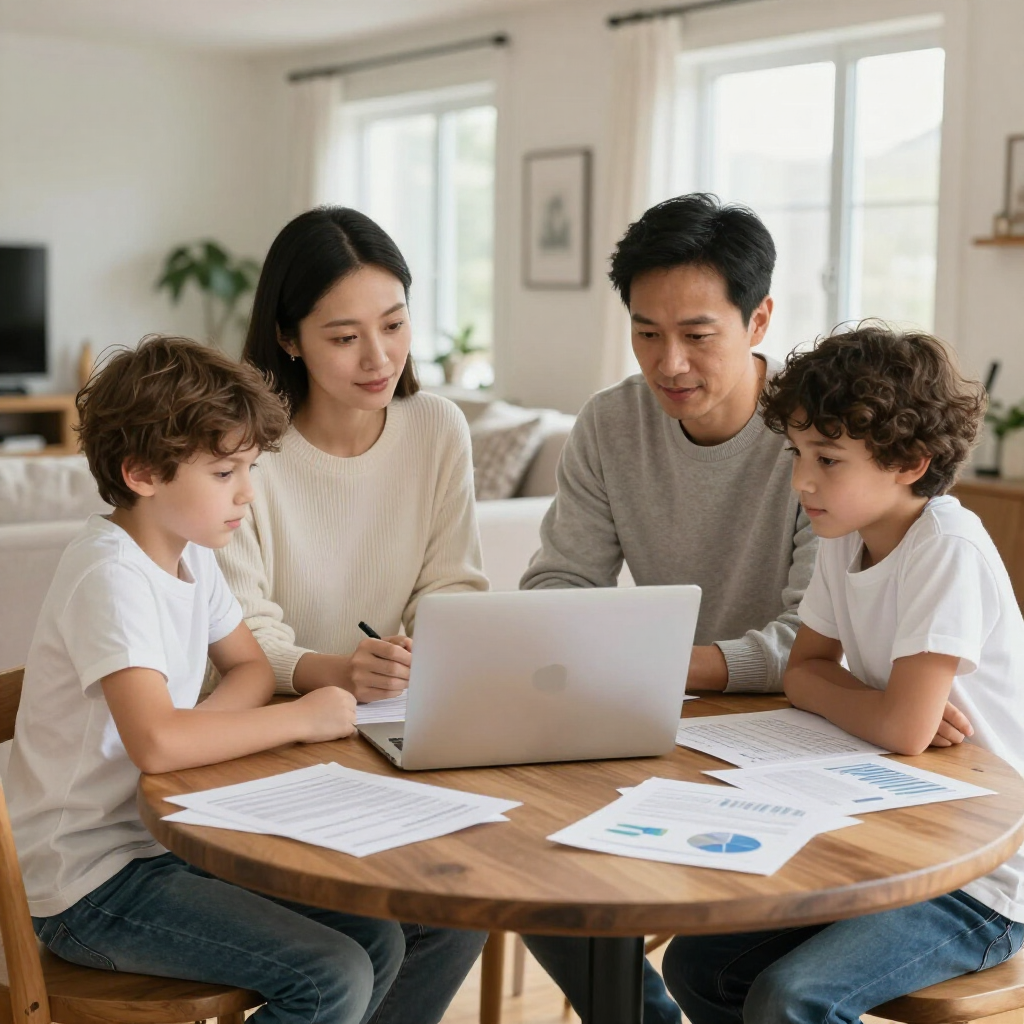 A family sits at a round wooden table, looking at a laptop and documents in a bright, modern living room.