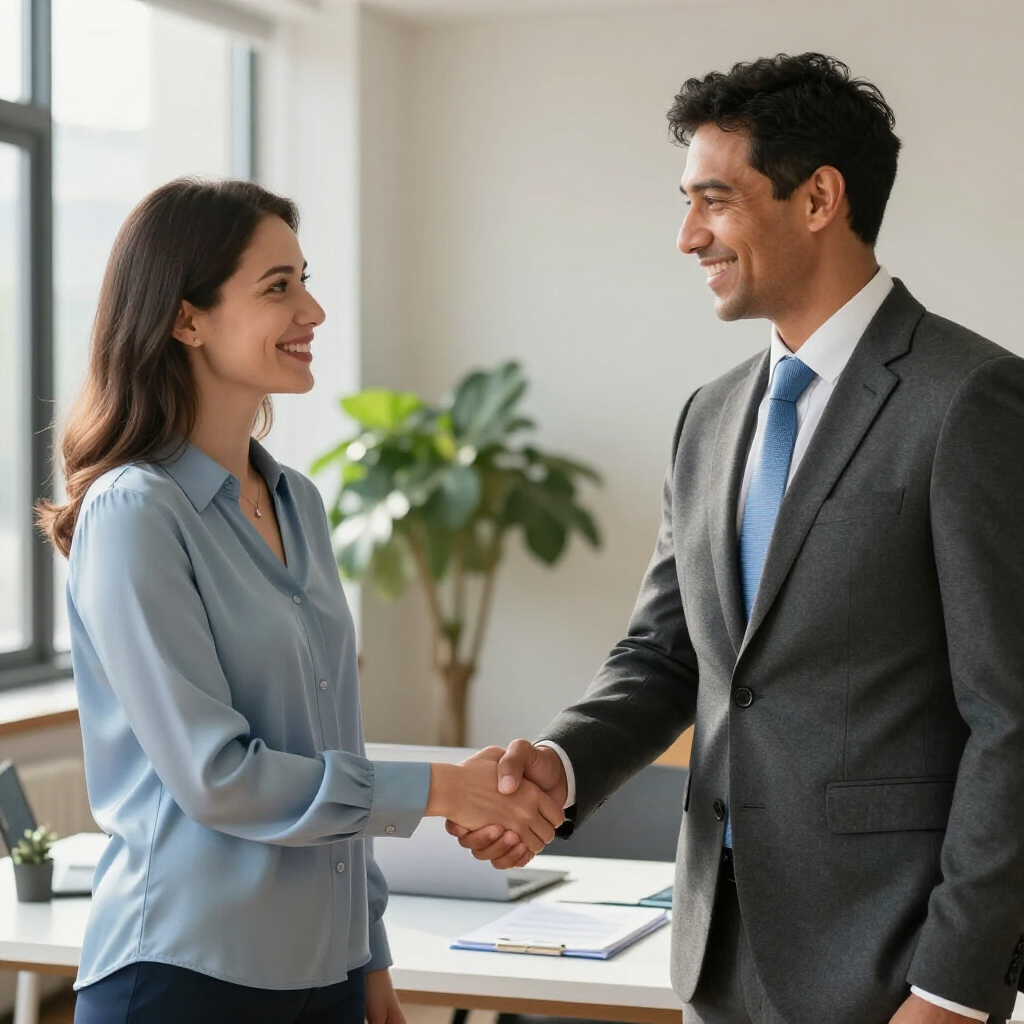 A professional in a blue shirt and a person in a suit shake hands while smiling in a bright office setting.