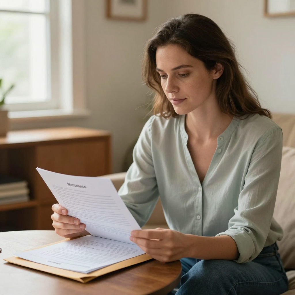 A person in a light green shirt sits at a wooden table, reading through documents from a manila folder in a bright room.