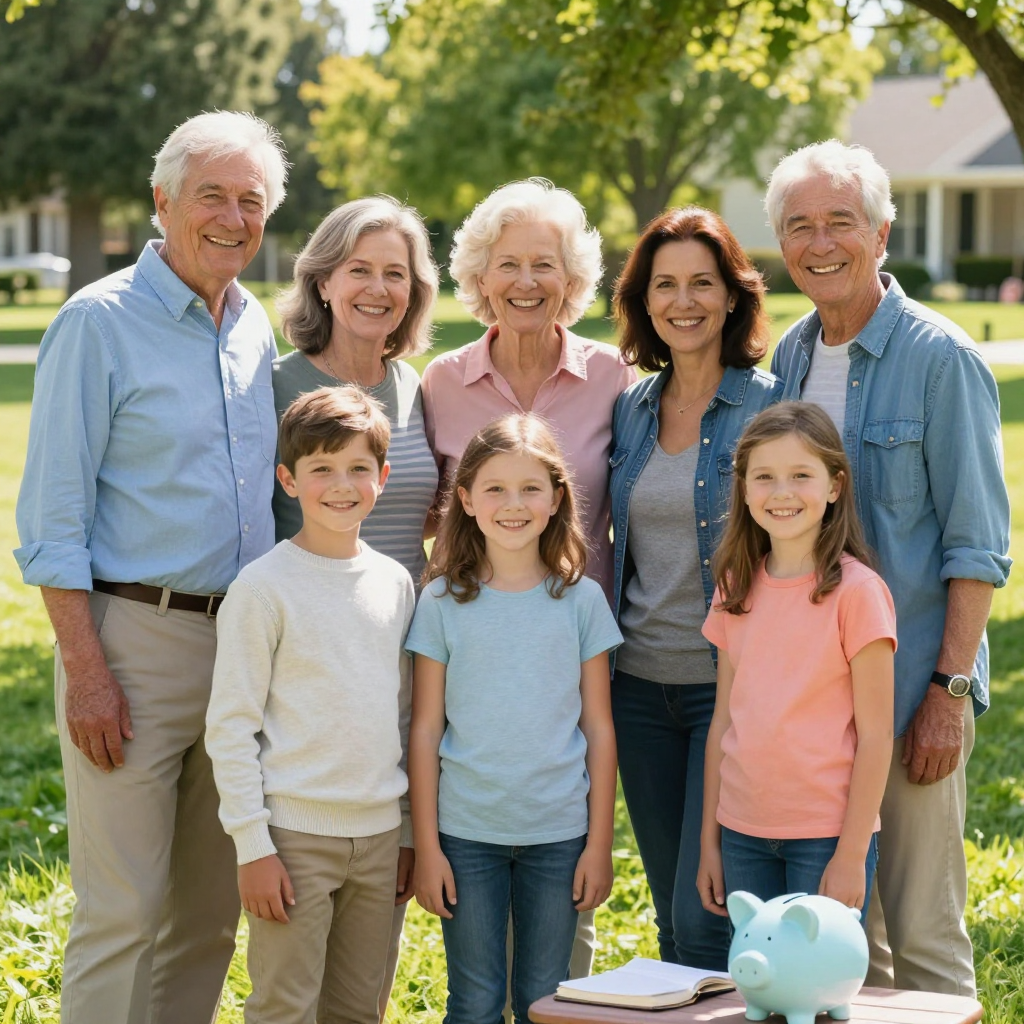 A group of people standing together outdoors on a grassy lawn with a blue piggy bank on a table in the foreground.