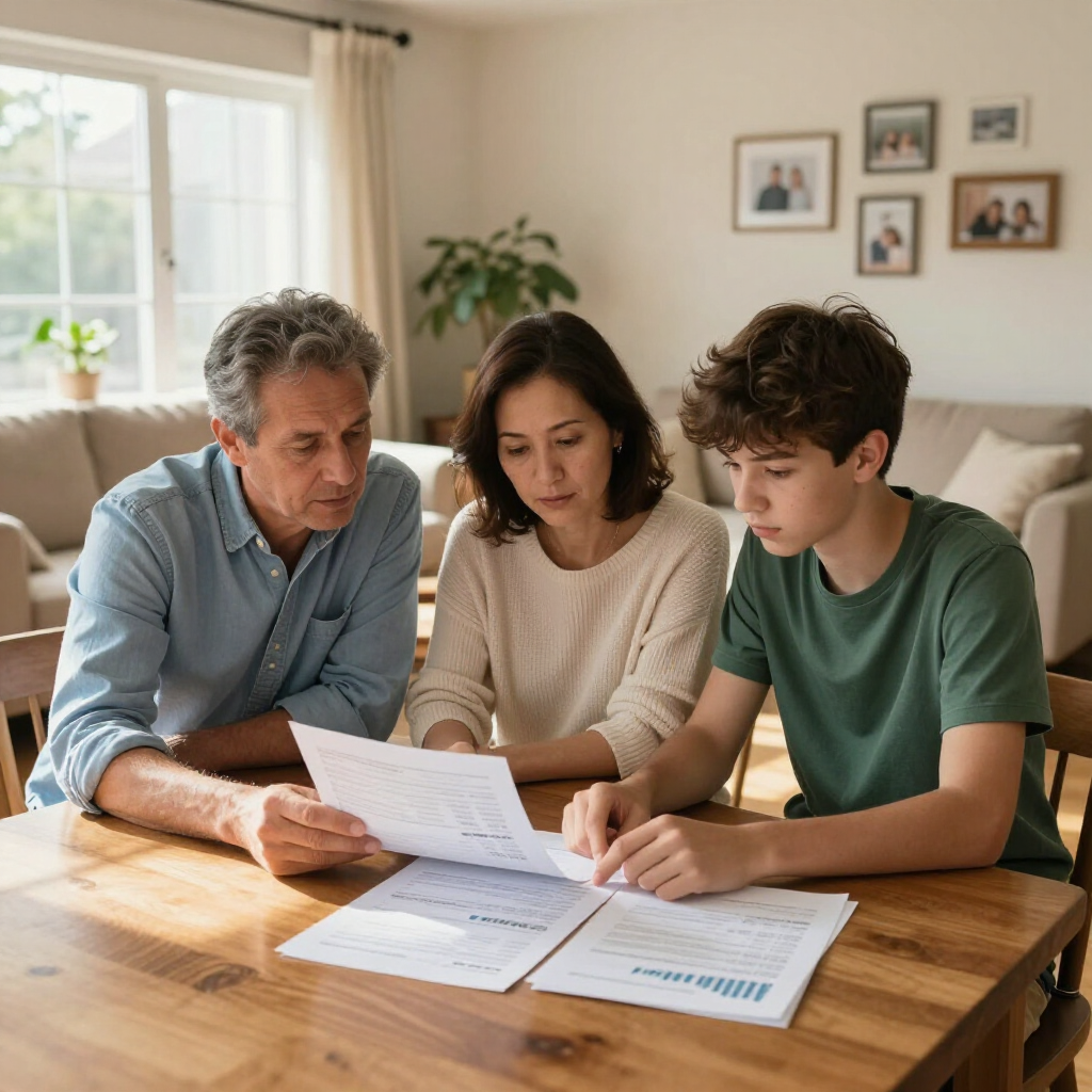 Three people sit at a wooden table in a living room, focused on reviewing documents together.