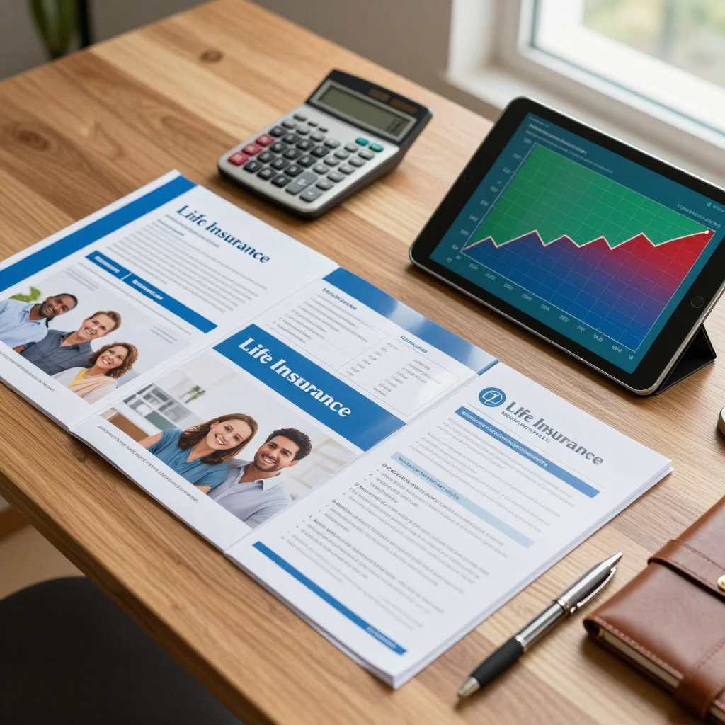 A desk with life insurance brochures, a calculator, a pen, and a tablet displaying a financial growth graph.