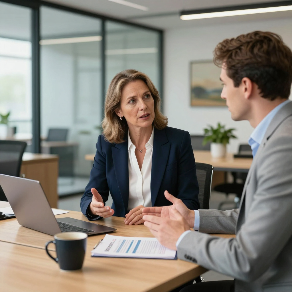 A professional meeting in an office with two people at a desk with a laptop, documents, and coffee, discussing work.
