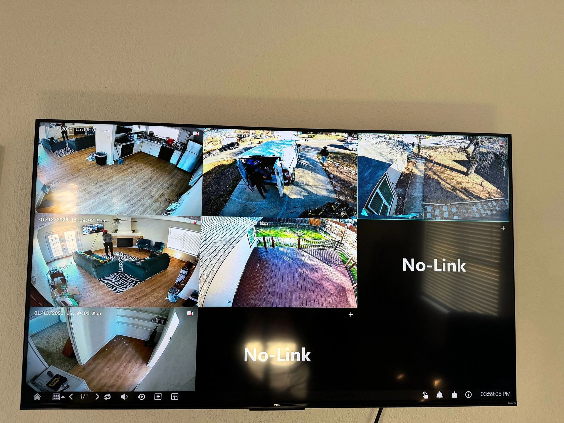 Security monitor showing multiple CCTV camera feeds, with two black screens labeled “No Link.”