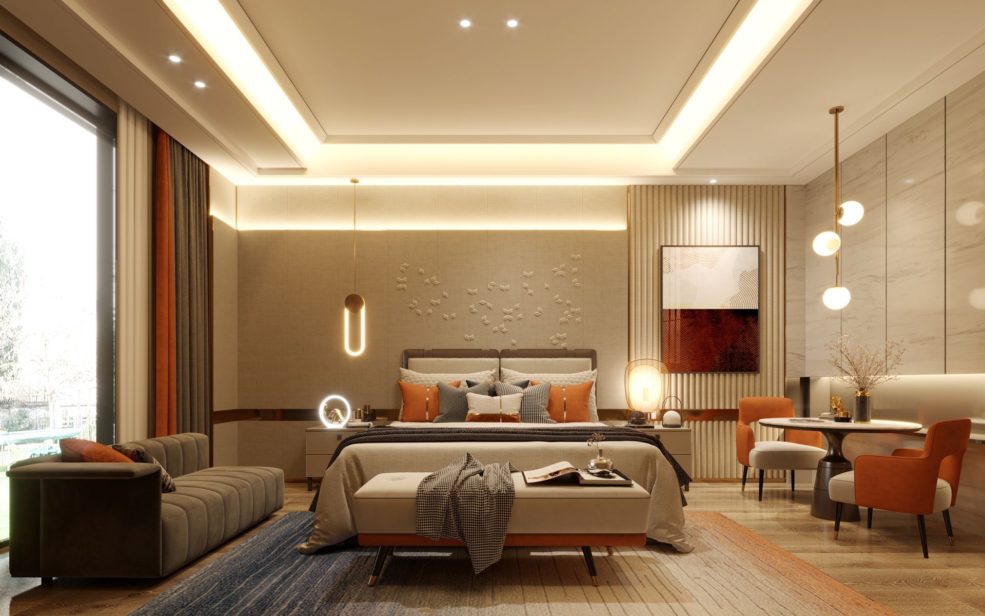 Modern hotel bedroom with king bed, warm lighting, lounge chair, and city view through large windows