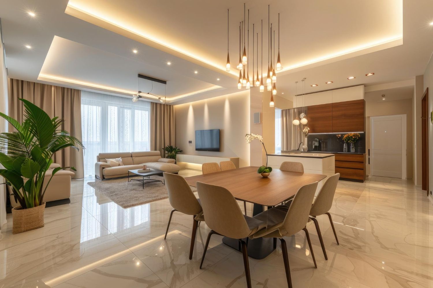 Modern living room with dining area: light beige sofa, wooden table/chairs, marble floor, and decorative lighting.
