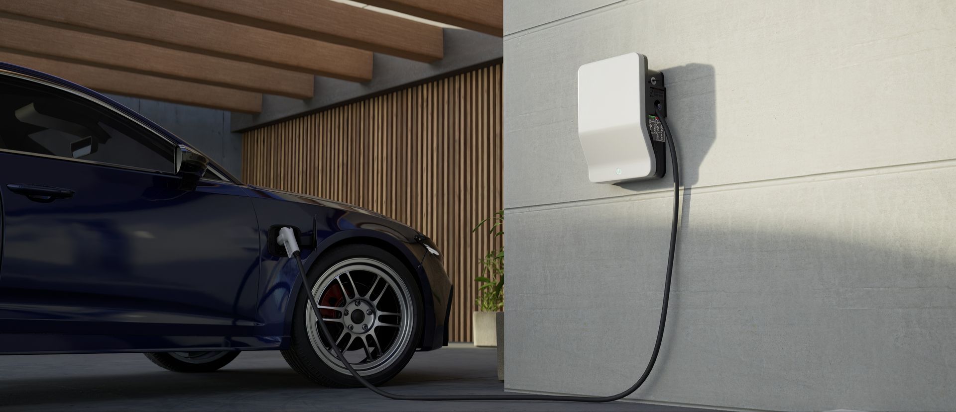 A blue electric car is plugged into a wall charger.