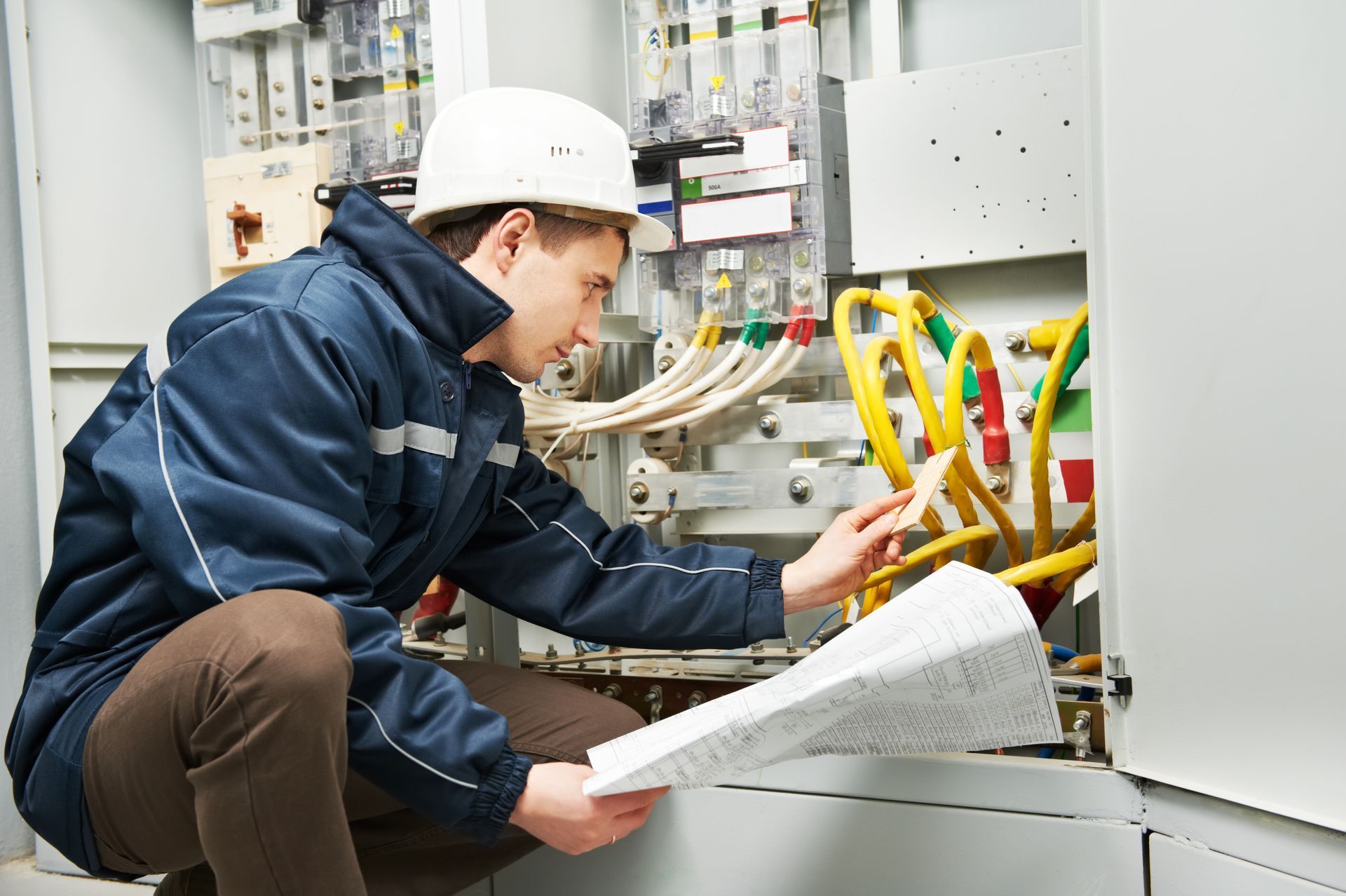 A man in a hard hat is working on an electrical box while looking at a blueprint.