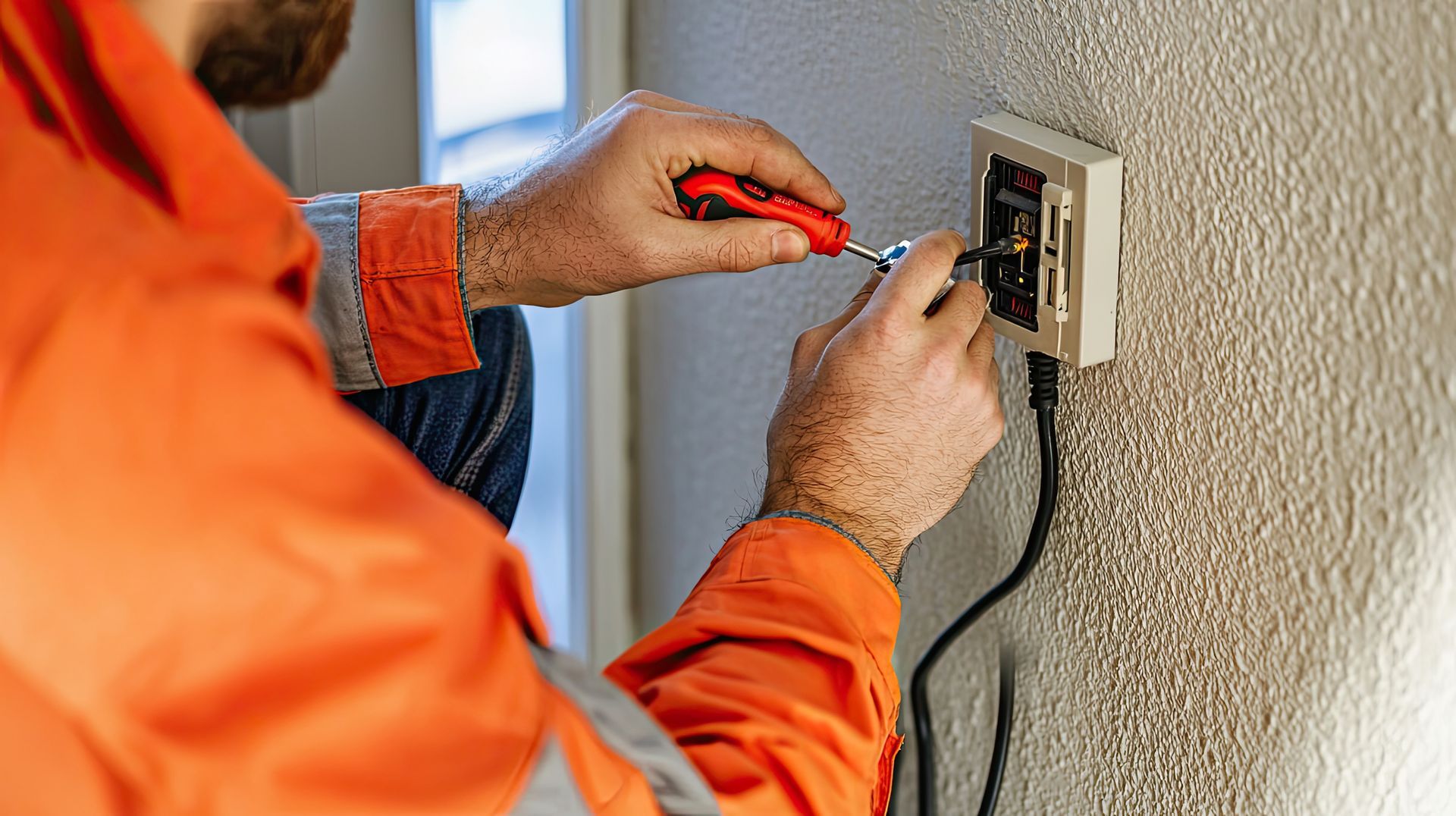 A man is fixing an electrical outlet on a wall with a screwdriver.