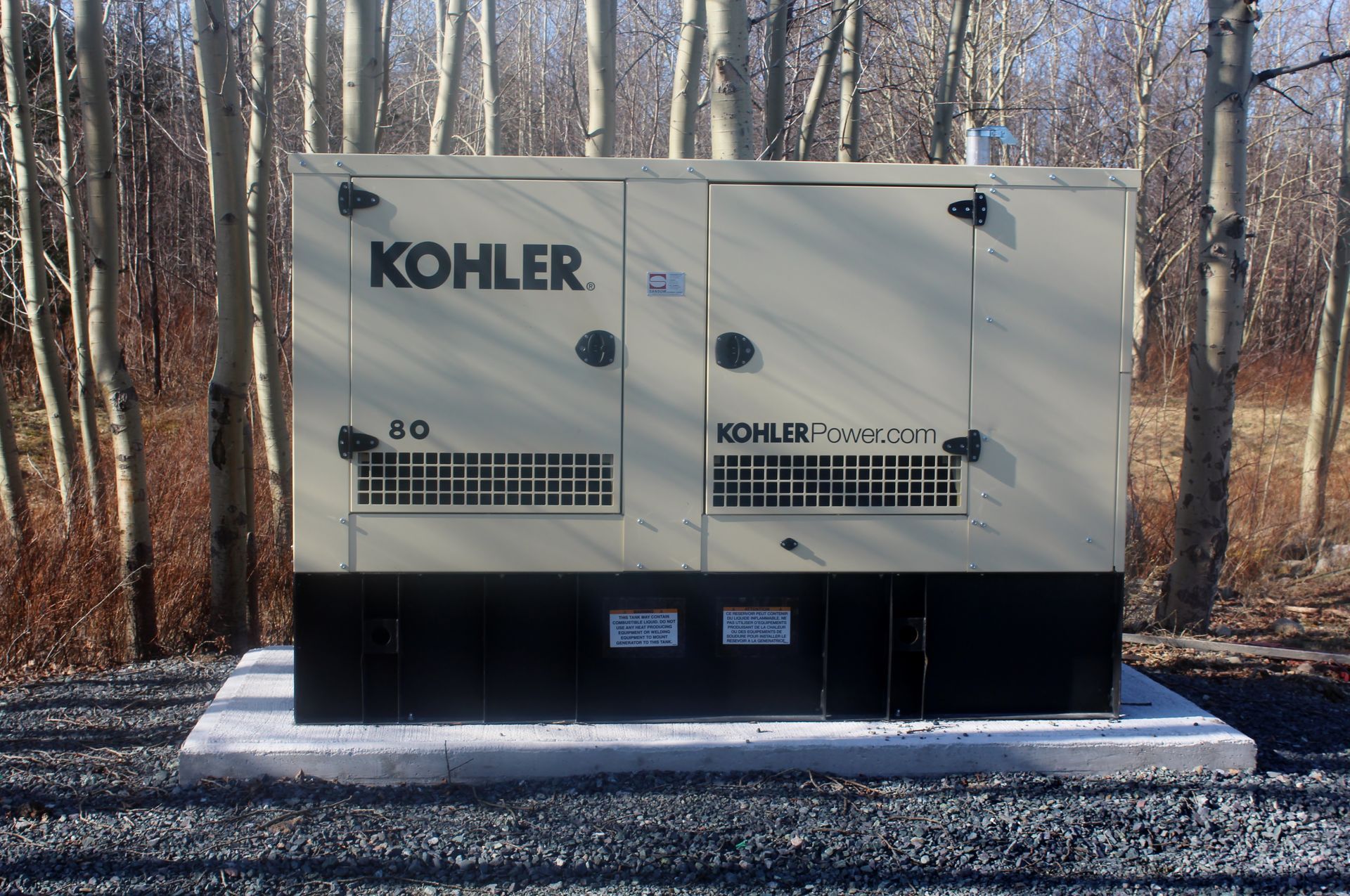 A kohler generator is sitting in the middle of a forest