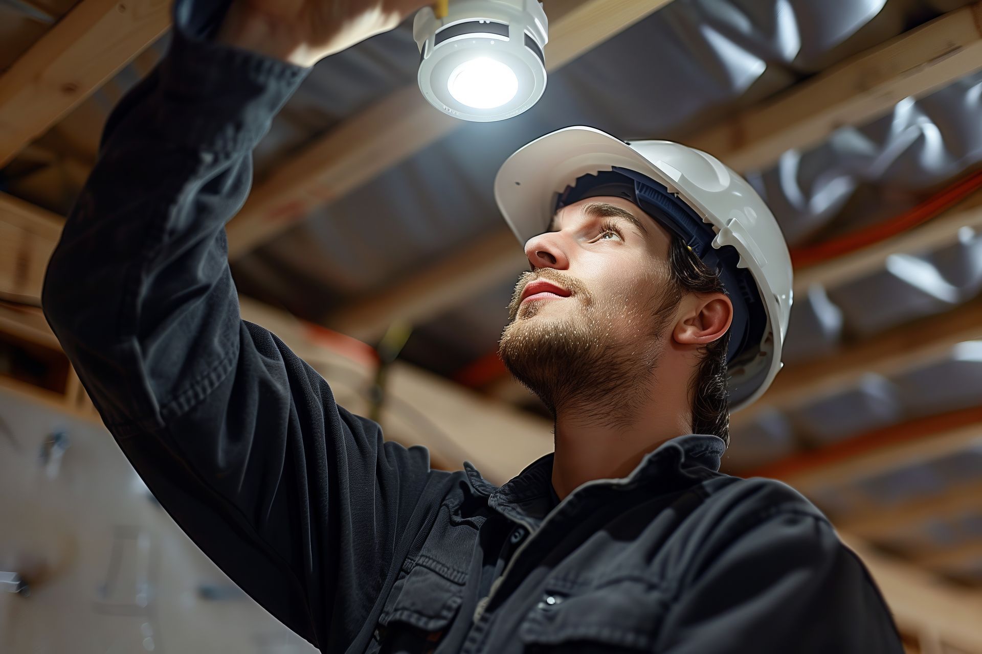 A man in a hard hat is fixing a light on the ceiling.