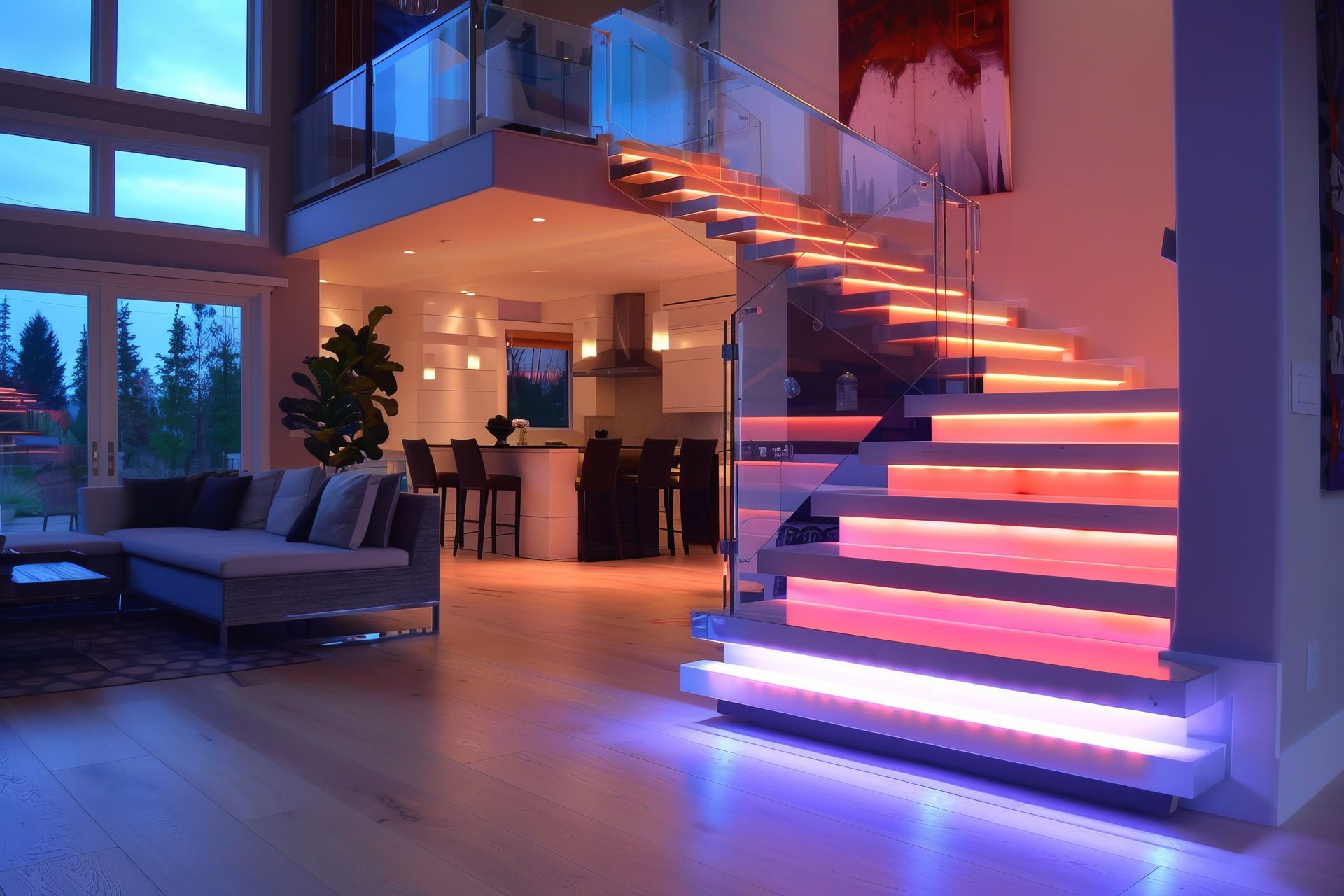 A living room with a staircase leading up to the second floor