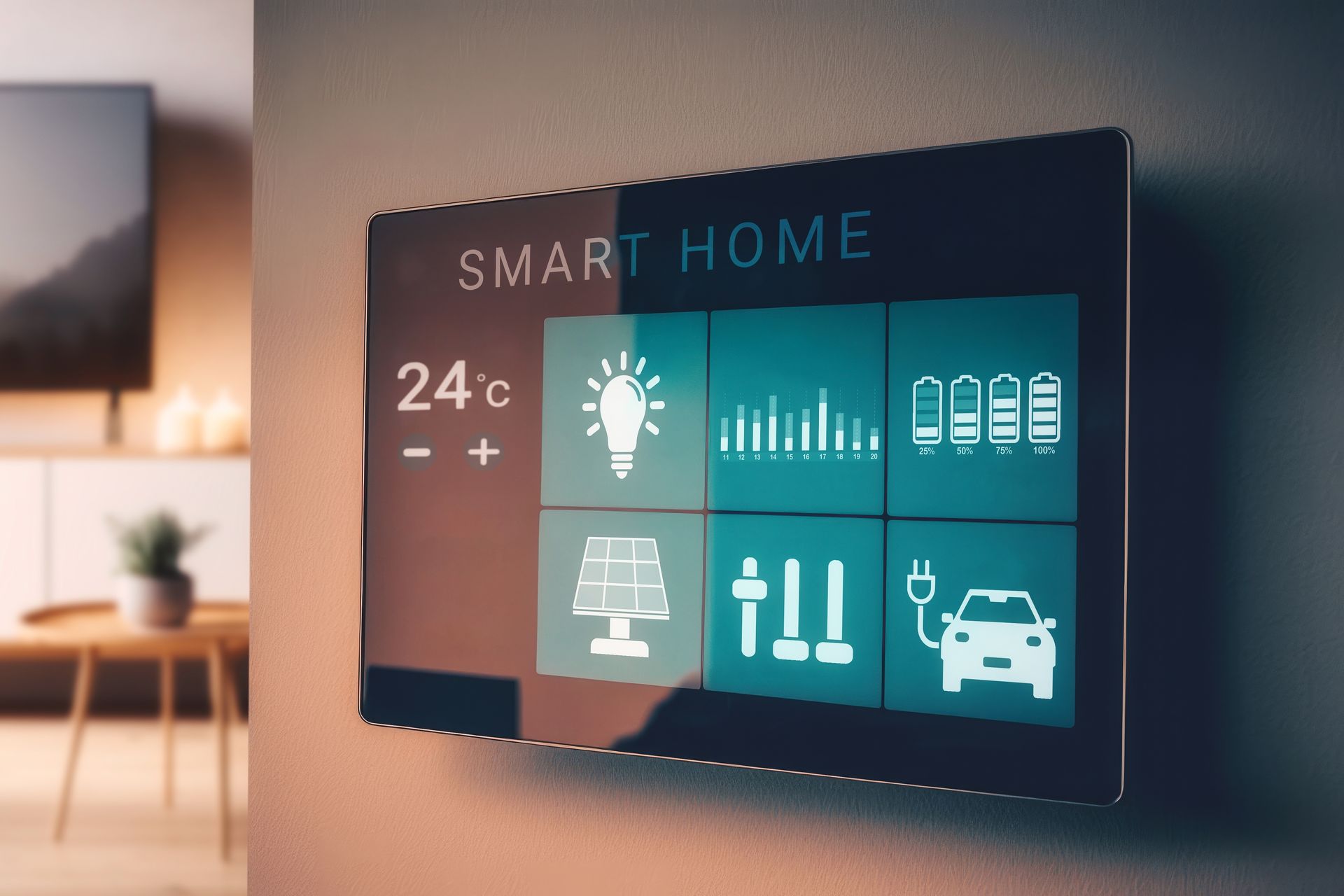Smart home control panel on a wall displaying temperature and icons for lights, sound, energy, and electric car.