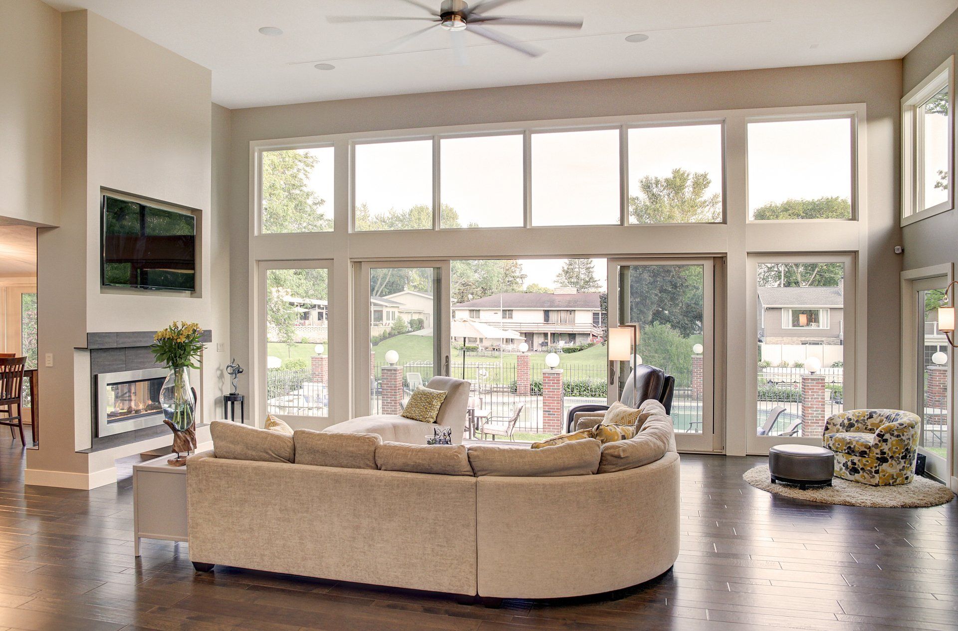 A living room with a couch and a fireplace