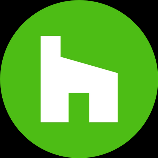 A white h is in a green circle on a black background.
