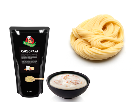 A bag of carbonara sauce next to a portion of pre-cooked spaghetti.