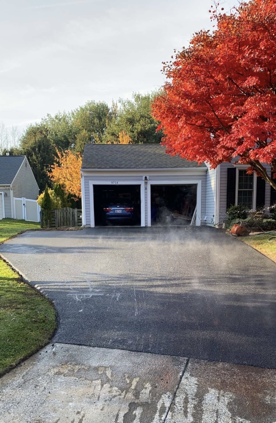 A car is parked in a garage next to a tree with red leaves