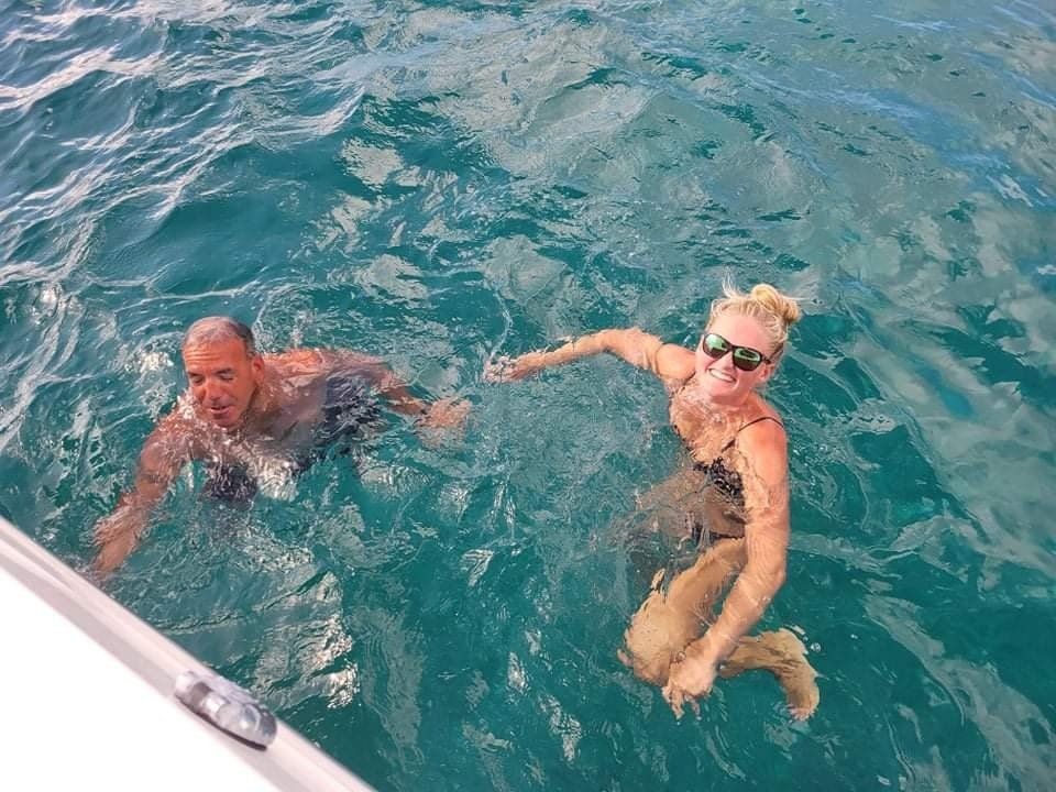 Top view of man and woman swimming in the ocean