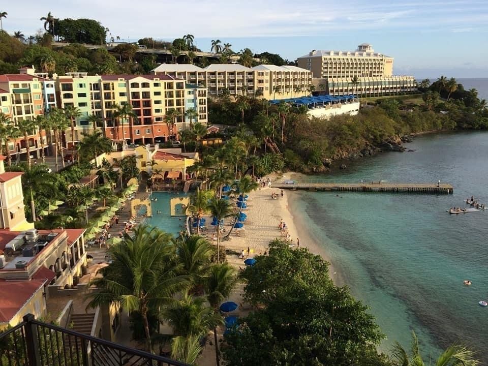 Aerial view of a beach and resorts