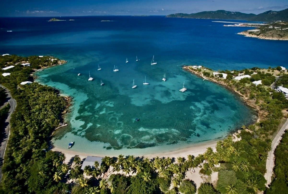 Aerial view of beautiful island with boats