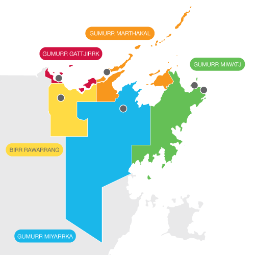 A map of the five Ward areas of East Arnhem Regional Council. 