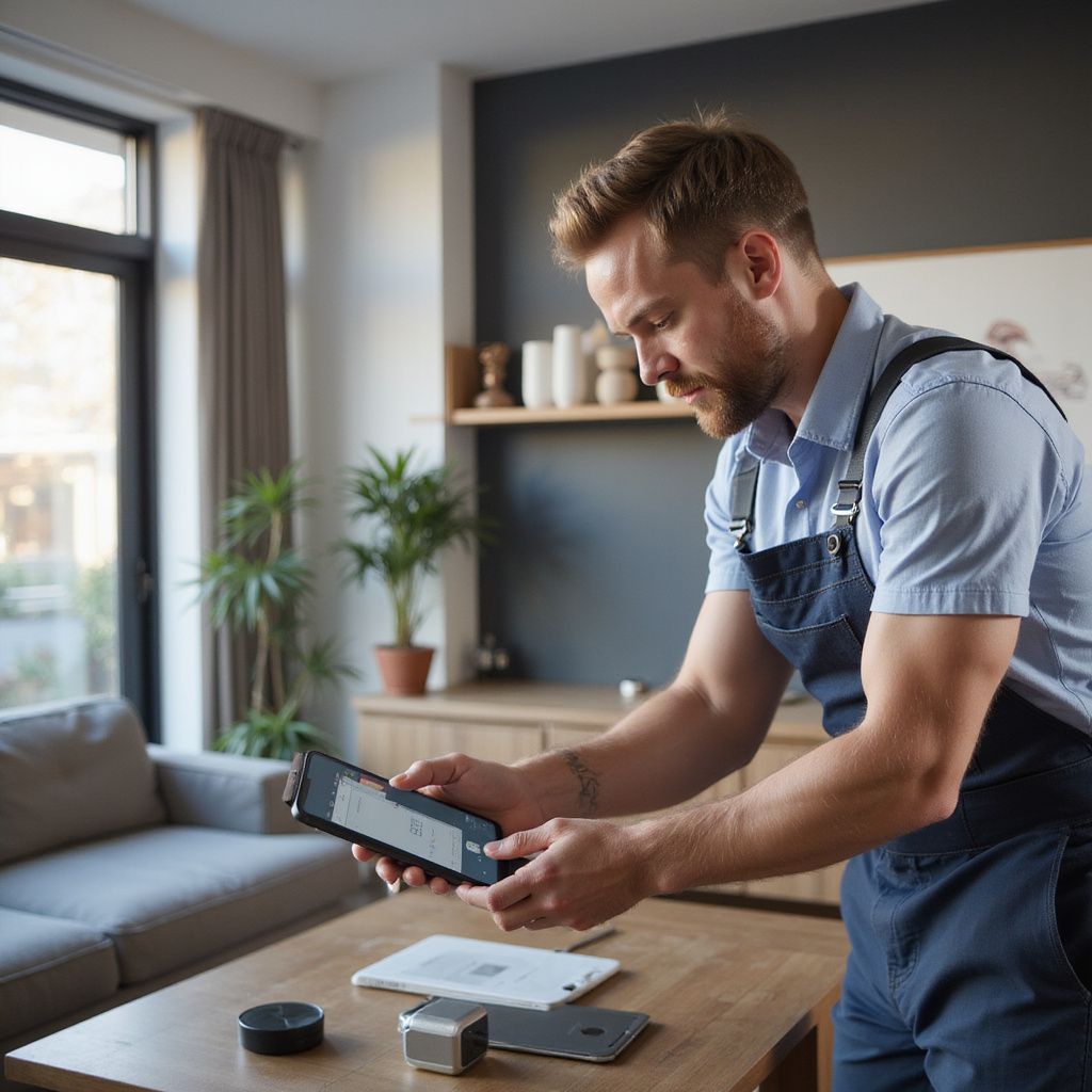 Man in overalls uses a tablet on a table in a living room.